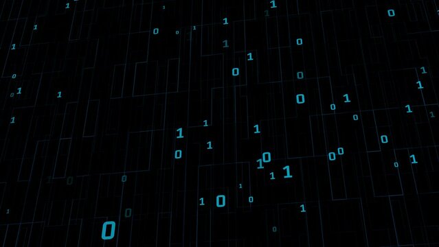 Binary matrix background. Falling digits on dark backdrop. Running random numbers. Abstract data concept. Blue futuristic cyberspace.