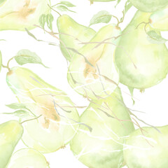 Seamless watercolor pattern with a picture of a pear fruit. Apply in the field of design, packaging, textile and other. Portion of pear, lobule, cut. Fruit with a leaf. Garden pears, harvest