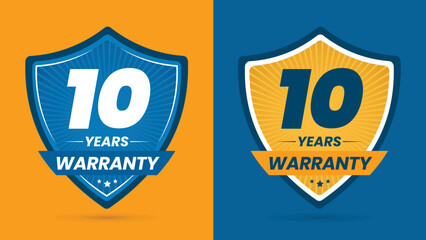 10 Years warranty in yellow and Blue background. 10 Years warranty logo. 10 Years warranty badge.