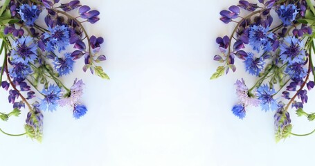 Blue cornflowers and purple lupines in a summer bouquet on a white background. Summer field bouquet in rustic style. Background for a greeting card.