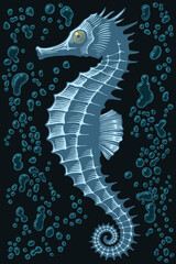 Sea horse in the sea. Editable hand drawn illustration. Vector vintage engraving. 8 EPS - obrazy, fototapety, plakaty