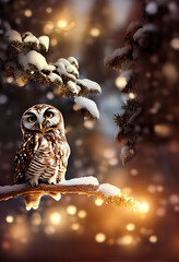 Snowy owl in winter forest, sitting on the branch, 3D render 