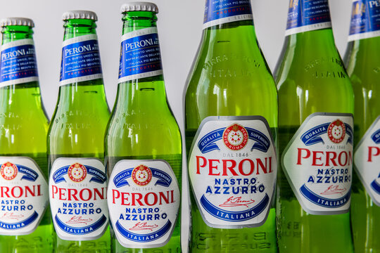 London. UK. 04.09.2020. Bottles of Peroni beer showing its brand labels isolated in white.
