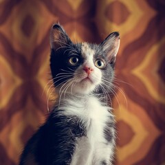 Closeup of gray and white kitten in blurred background