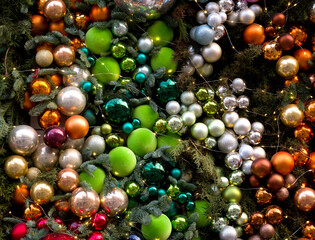 Christmas and New Year decor. Festive decoration in the form of colorful balls. Street decoration.