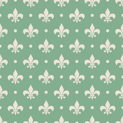 Seamless elegant pattern with Fleur De Lis and dots decoration in rhombus shapes in silver color on green background