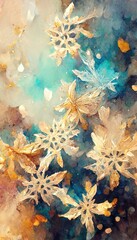 Fototapeta na wymiar Abstract winter tender blue dark watercolor background with abstract golden snowflakes. Background for a festive New Year's winter card.