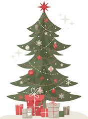 Christmas tree with gifts. Winter holiday elements, balls, stars, snowflakes, garlands