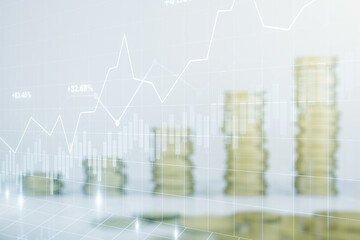 Multi exposure of abstract virtual financial graph hologram on stacks of coins background, forex and investment concept