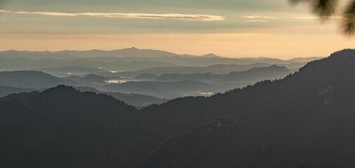 Silhouette of fir forest trees and hills at sunset