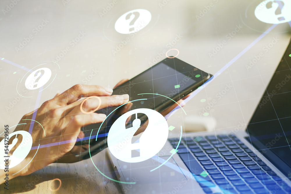 Aufkleber creative concept of question mark illustration and finger clicks on a digital tablet on background. 