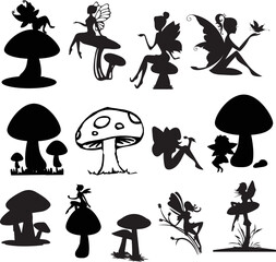 Editable set of illustrated fairies' silhouettes around mushrooms, a fairytale concept