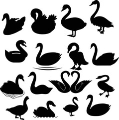 Editable set of illustrated silhouettes of swans on a white background © Shahadat Arman/Wirestock Creators