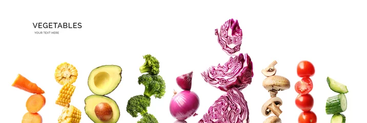 Wall murals Fresh vegetables Creative layout made of cabbage, avocado, tomato, onion, broccoli , mushrooms, corn, carrot and cucumber on the white background.. Flat lay. Food concept. 