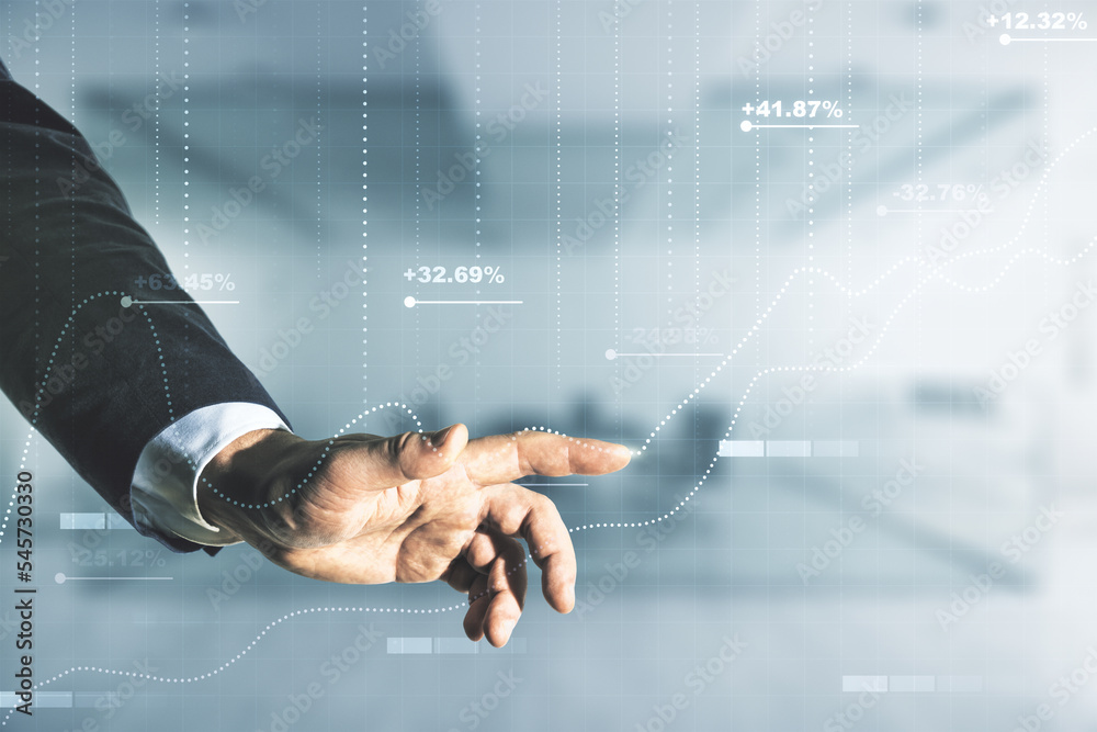 Poster Multi exposure of male hand clicks on abstract virtual graphic data spreadsheet sketch on blurred office background, analytics and analysis concept