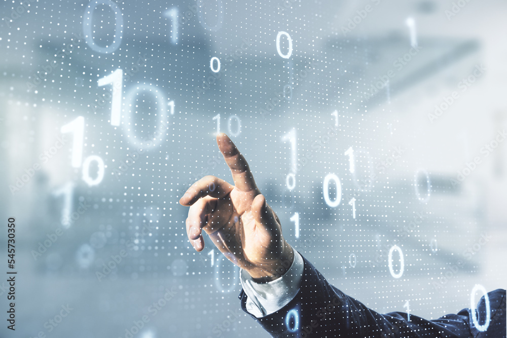 Aufkleber double exposure of male hand clicks on abstract virtual binary code hologram on blurred office backg
