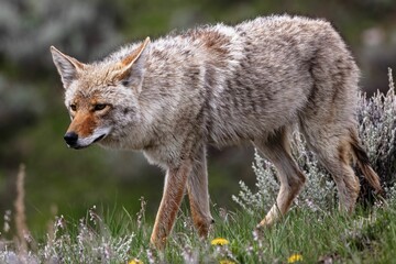 Naklejka na ściany i meble Side closeup of a coyote walking on the grass with blurred background