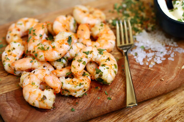 Fresh juicy fried shrimp with spices, garlic and sea salt.