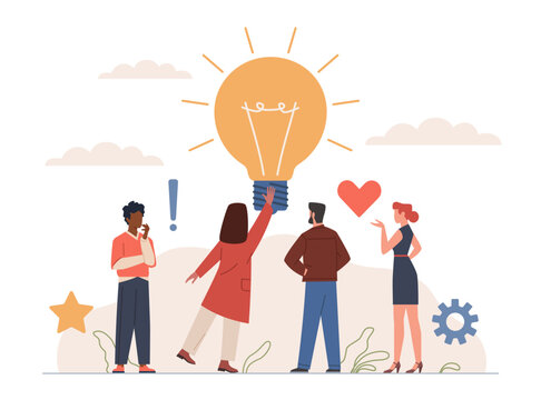 Light bulb with people. Men and women around large glowing lamp, new idea search, friendly teamwork, employees group together, creative brainstorming nowaday vector cartoon flat concept