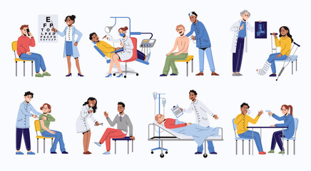 Fototapeta na wymiar Patient examination. People at reception of different doctors, hospital equipment, medical consultation, diseases treatment, ophthalmologist, traumatologist and dentist, tidy vector set