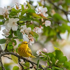 Cute yellow New World warbler (Parulidae) resting on a blooming tree on the blurred background