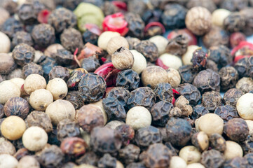 Colorful peppercorns on a white background stock photo

