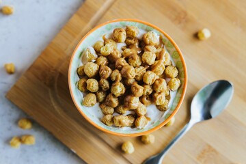 Closeup shot of Breakfast Cereals with Milk