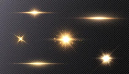 Fotobehang Set of light effects golden glowing light isolated on transparent background. Solar flare with rays and glare. Glow effect. Starburst with shimmering sparkles.   © MAKSYM