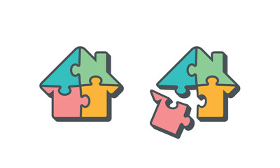Vector icon of house shape four puzzle pieces