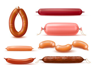 Realistic sausages. Meat products, boiled and smoked delicacies, natural farm food, pork, chicken and beef, different types, gourmet salami wurst, 3d isolated elements, utter vector set