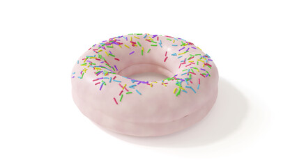 Glazed donut with white cream and colored sprinkles isolated on a white background. Cute, colorful and glossy donuts with white icing and multi-colored sprinkles.