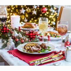 Christmas dinner setup with Christmas tree in the background digital 3D illustration