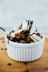 Vertical shot of the ice cream brownie sundae