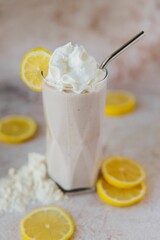 Vertical shot of a Lemon Protein Shake