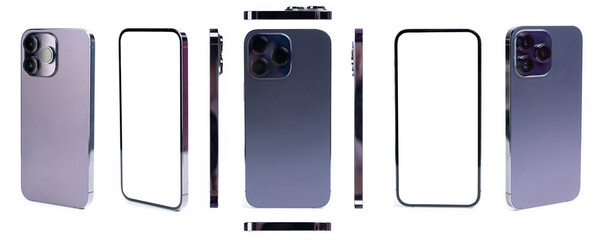 Different views of modern purple smartphone