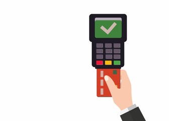 Digital illustration of a hand paying on a POS terminal with a credit card on a white background