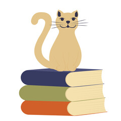 The cat is sitting on a stack of books. Cozy home illustration. Literature. Home library. Vector stock illustration. Hygge.
