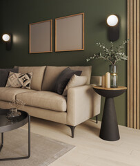Interior Wallpaper Mockup. Room with green wall and wooden floor with beige modern couch with coffe tables and decorations