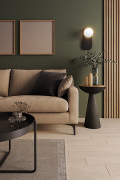 Makieta wnętrza dla umieszczenia obrazów. Pokój z zieloną ścianą i drewnianą podłogą z beżową nowoczesną kanapą ze stolikami kawowymi i dekoracjami
