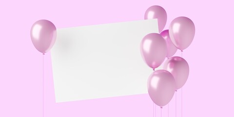 Floating pink balloons on pink background with empty, blank white card with copy space, celebration, holiday or birthday card template