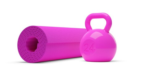 Pink fitness gym kettlebell weight with pink foam yoga fitness mat over white background, woman's fitness, muscle exercise or bodybuilding concept