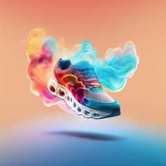 3d illustration of a comfortable futuristic sneaker floating in the air on a  colorful background