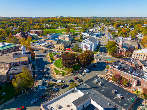 Woburn Common and City Hall aerial view in downtown Woburn, Massachusetts MA, USA.