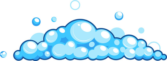 Cartoon soap foam with bubbles. Light blue suds of bath, shampoo, shaving, mousse. 