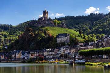 Fototapeta na wymiar Cochem, Germany. Old town and the Cochem (Reichsburg) castle on the Moselle river.