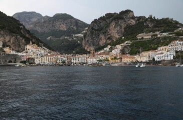 Beautiful view of the sea near the mountains in Amalfi, Italy
