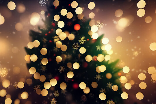3d render of Christmas tree with golden color image with night garland bokeh light