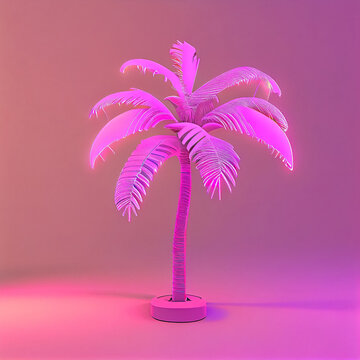 3d render of pink neon glowing palm tree on pink background