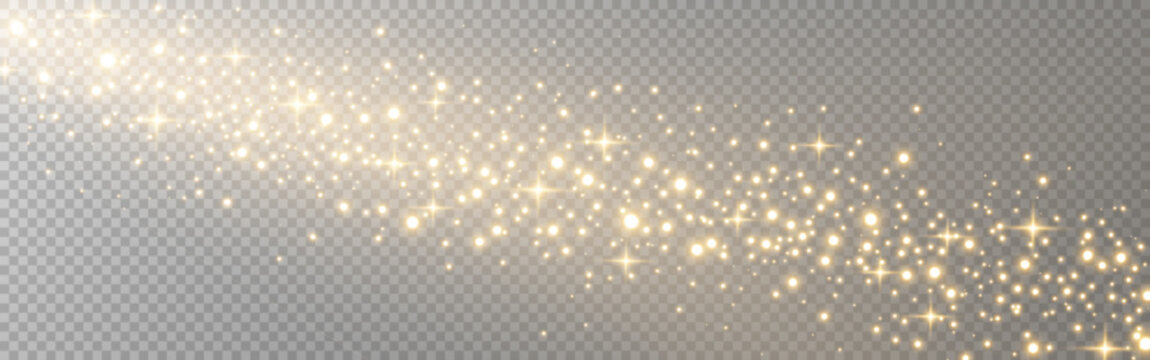 Gold glitter trail. Starry wave with bright particles. Magic light with stardust effect. Luxury sparkling decoration. Golden shiny stars on transparent backdrop. Vector illustration