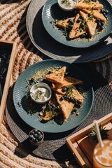 French toast breakfast with yogurt and blueberries with fresh fruit lemonades and cappucino